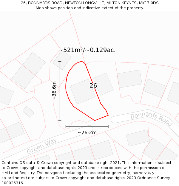 26, BONNARDS ROAD, NEWTON LONGVILLE, MILTON KEYNES, MK17 0DS: Plot and title map