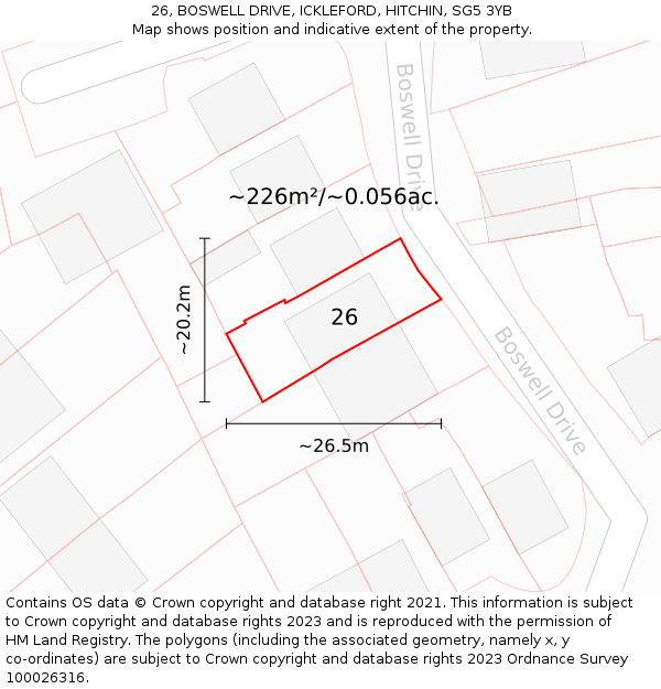 26, BOSWELL DRIVE, ICKLEFORD, HITCHIN, SG5 3YB: Plot and title map