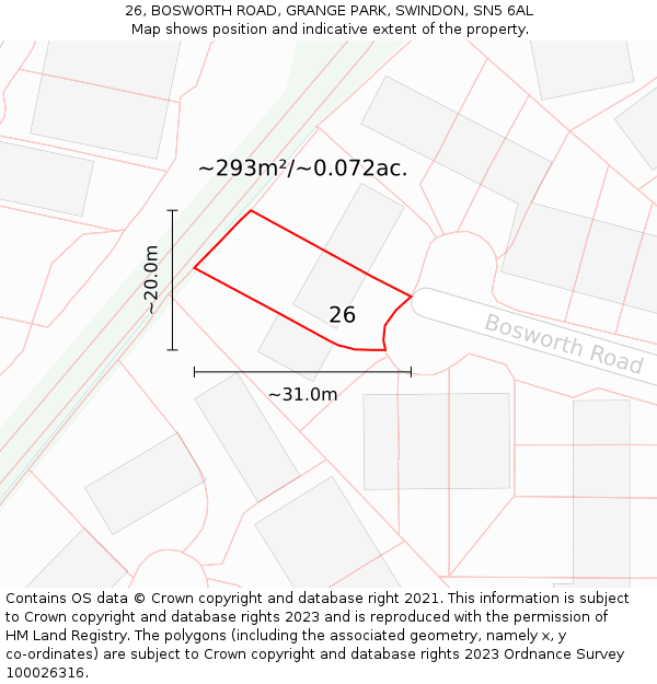 26, BOSWORTH ROAD, GRANGE PARK, SWINDON, SN5 6AL: Plot and title map