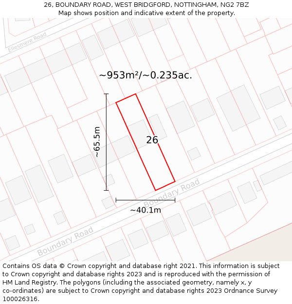 26, BOUNDARY ROAD, WEST BRIDGFORD, NOTTINGHAM, NG2 7BZ: Plot and title map