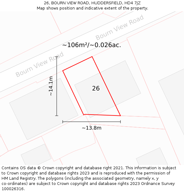 26, BOURN VIEW ROAD, HUDDERSFIELD, HD4 7JZ: Plot and title map