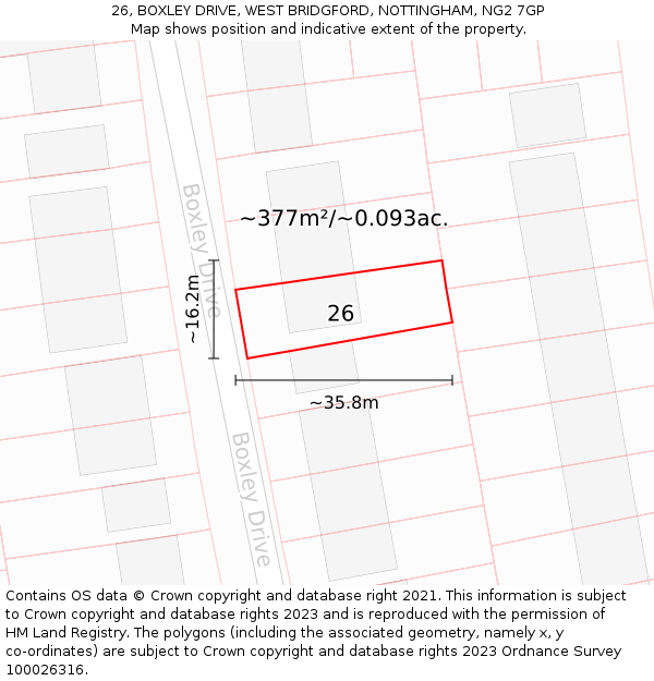 26, BOXLEY DRIVE, WEST BRIDGFORD, NOTTINGHAM, NG2 7GP: Plot and title map