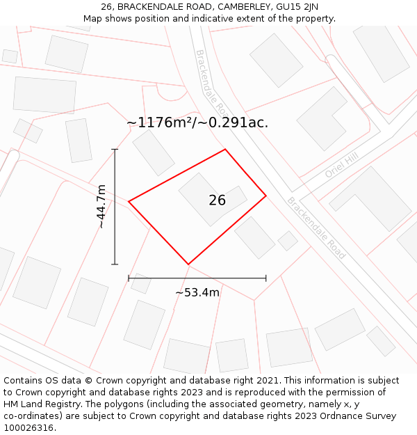 26, BRACKENDALE ROAD, CAMBERLEY, GU15 2JN: Plot and title map