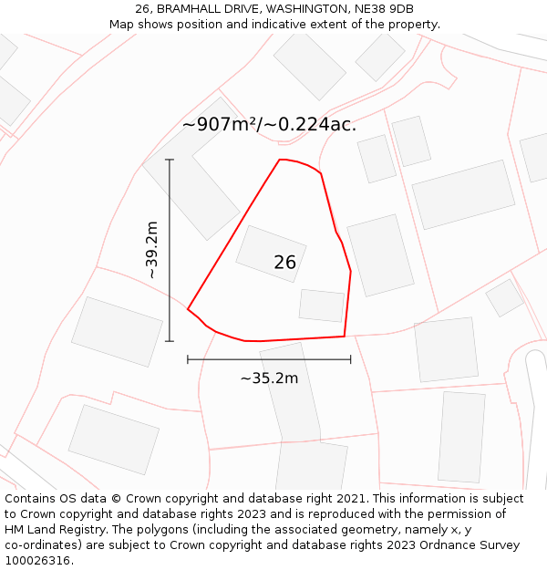 26, BRAMHALL DRIVE, WASHINGTON, NE38 9DB: Plot and title map