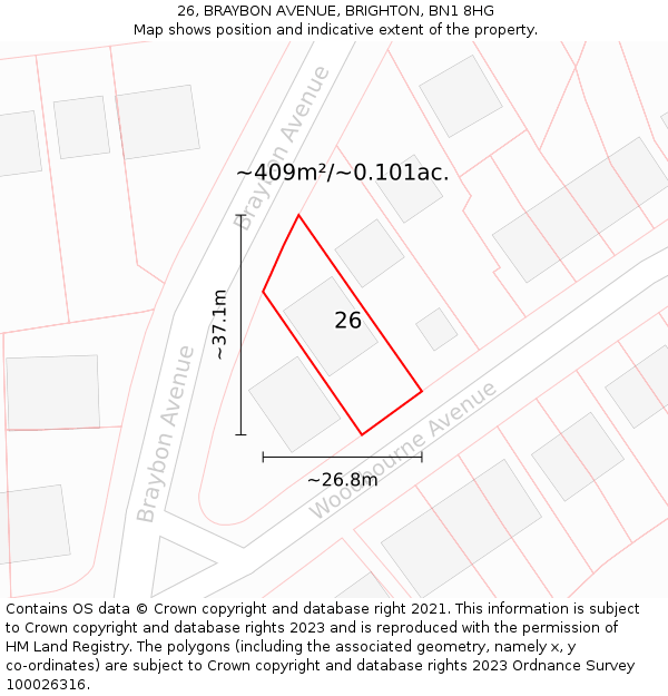 26, BRAYBON AVENUE, BRIGHTON, BN1 8HG: Plot and title map