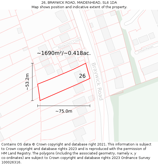 26, BRAYWICK ROAD, MAIDENHEAD, SL6 1DA: Plot and title map