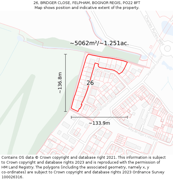 26, BRIDGER CLOSE, FELPHAM, BOGNOR REGIS, PO22 8FT: Plot and title map