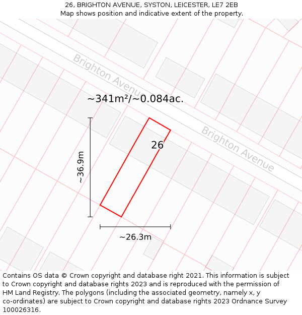26, BRIGHTON AVENUE, SYSTON, LEICESTER, LE7 2EB: Plot and title map