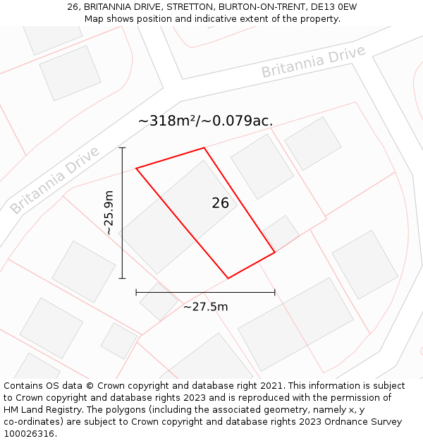 26, BRITANNIA DRIVE, STRETTON, BURTON-ON-TRENT, DE13 0EW: Plot and title map