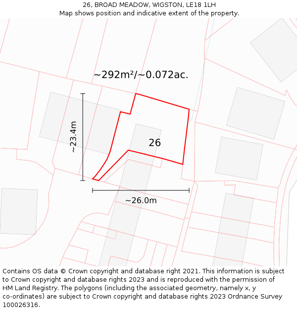 26, BROAD MEADOW, WIGSTON, LE18 1LH: Plot and title map