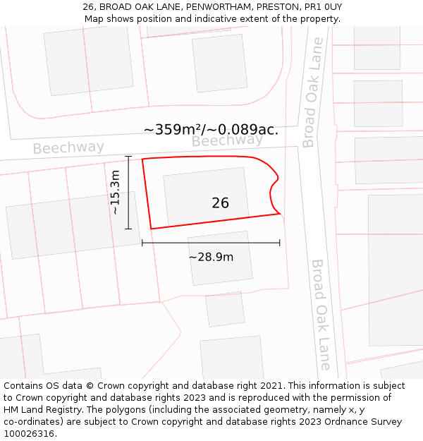 26, BROAD OAK LANE, PENWORTHAM, PRESTON, PR1 0UY: Plot and title map