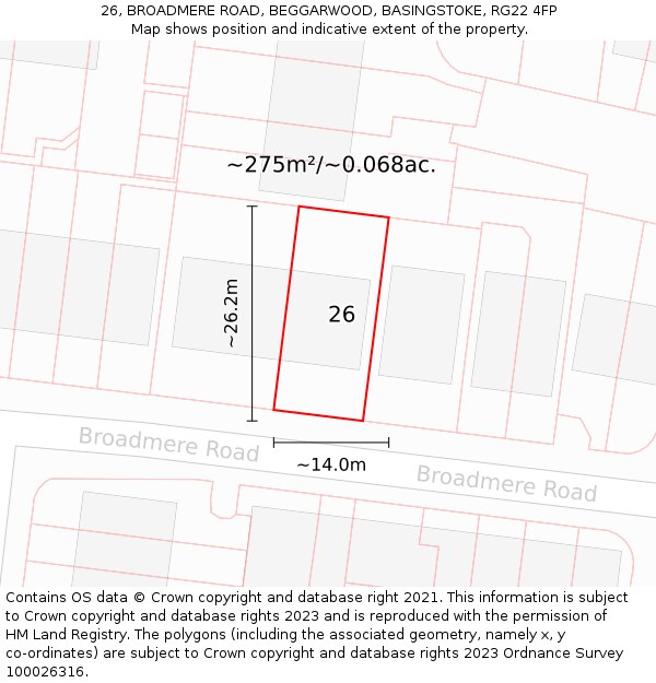 26, BROADMERE ROAD, BEGGARWOOD, BASINGSTOKE, RG22 4FP: Plot and title map