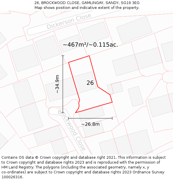 26, BROCKWOOD CLOSE, GAMLINGAY, SANDY, SG19 3EG: Plot and title map