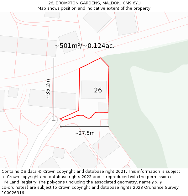 26, BROMPTON GARDENS, MALDON, CM9 6YU: Plot and title map