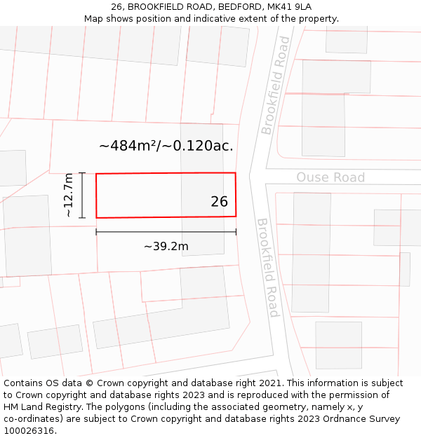 26, BROOKFIELD ROAD, BEDFORD, MK41 9LA: Plot and title map