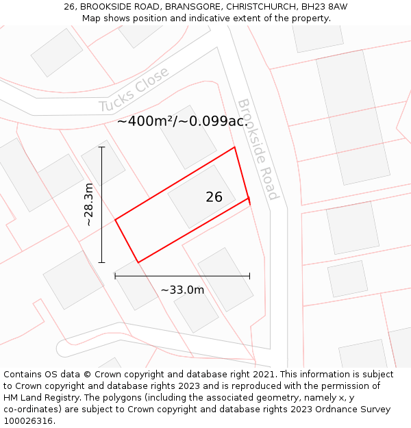 26, BROOKSIDE ROAD, BRANSGORE, CHRISTCHURCH, BH23 8AW: Plot and title map