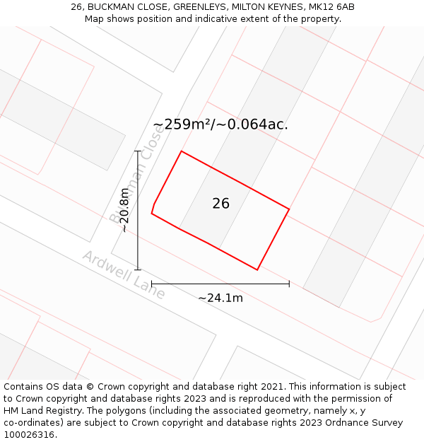 26, BUCKMAN CLOSE, GREENLEYS, MILTON KEYNES, MK12 6AB: Plot and title map