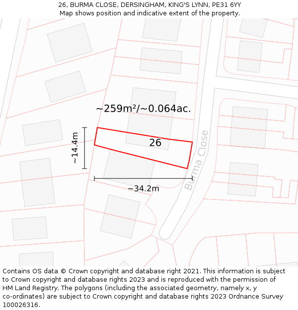26, BURMA CLOSE, DERSINGHAM, KING'S LYNN, PE31 6YY: Plot and title map