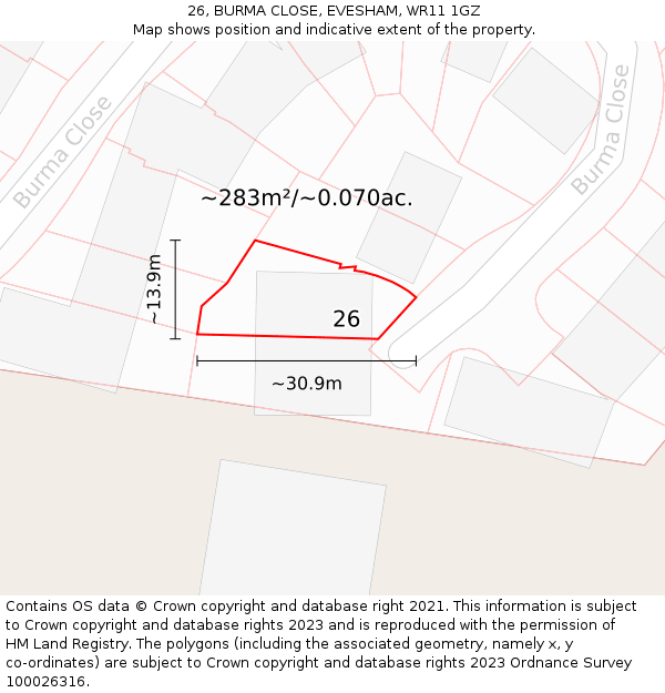 26, BURMA CLOSE, EVESHAM, WR11 1GZ: Plot and title map