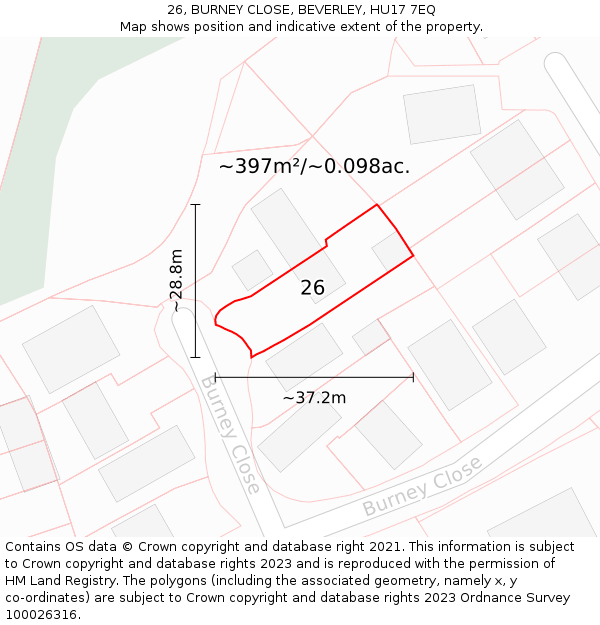 26, BURNEY CLOSE, BEVERLEY, HU17 7EQ: Plot and title map