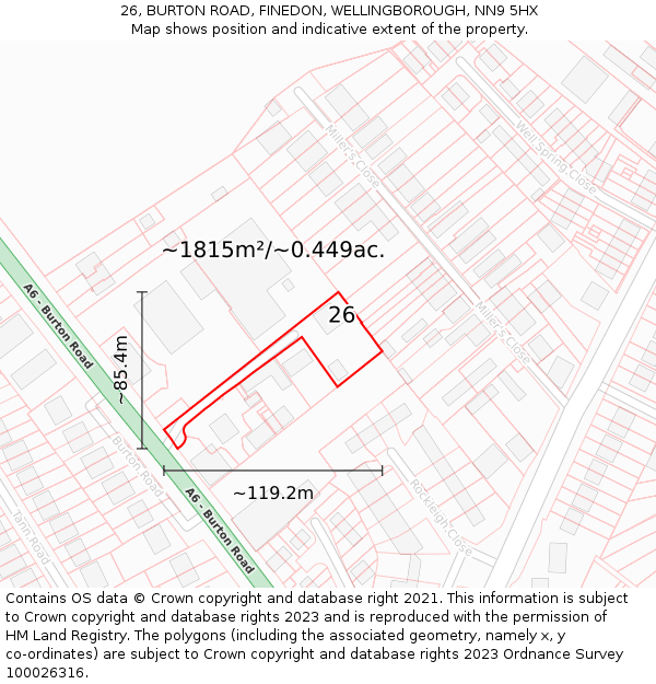 26, BURTON ROAD, FINEDON, WELLINGBOROUGH, NN9 5HX: Plot and title map