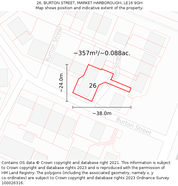 26, BURTON STREET, MARKET HARBOROUGH, LE16 9GH: Plot and title map