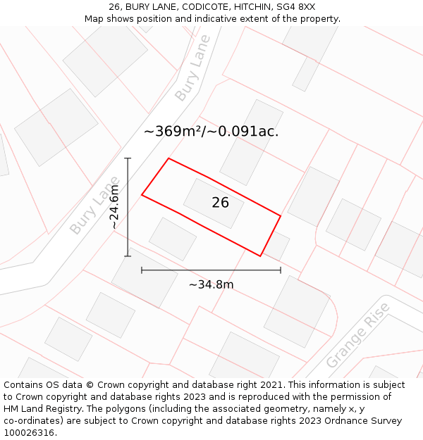 26, BURY LANE, CODICOTE, HITCHIN, SG4 8XX: Plot and title map