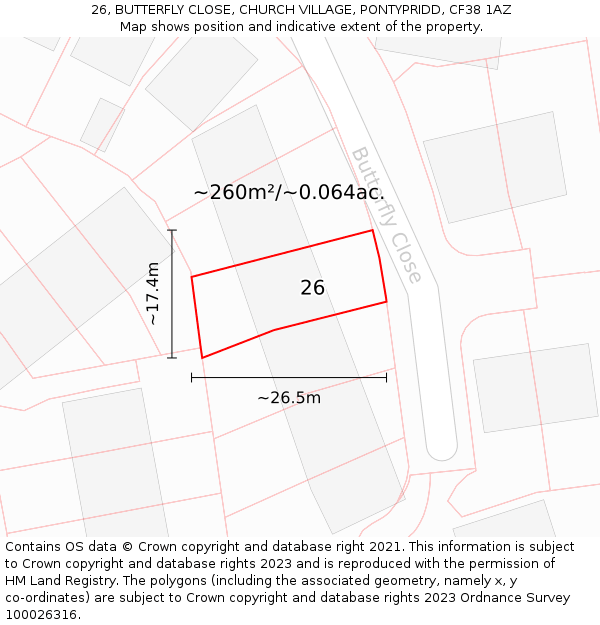 26, BUTTERFLY CLOSE, CHURCH VILLAGE, PONTYPRIDD, CF38 1AZ: Plot and title map