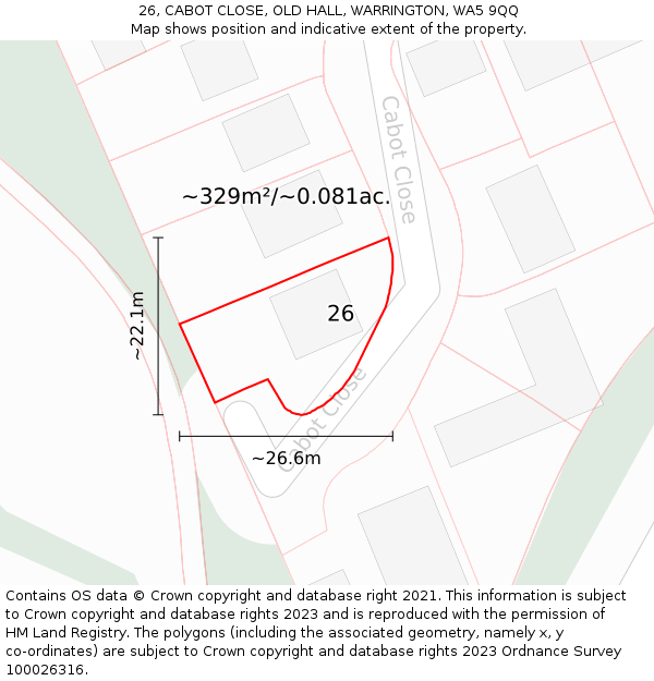 26, CABOT CLOSE, OLD HALL, WARRINGTON, WA5 9QQ: Plot and title map