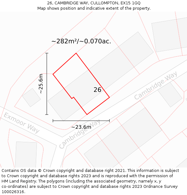 26, CAMBRIDGE WAY, CULLOMPTON, EX15 1GQ: Plot and title map