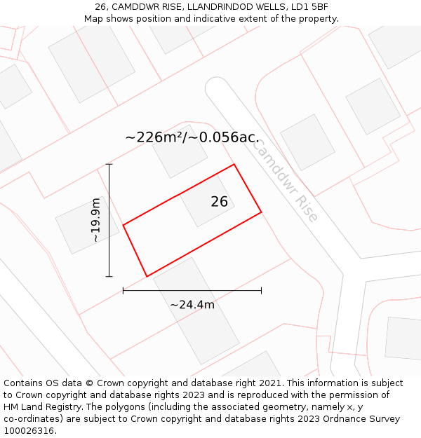 26, CAMDDWR RISE, LLANDRINDOD WELLS, LD1 5BF: Plot and title map