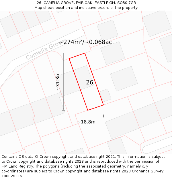 26, CAMELIA GROVE, FAIR OAK, EASTLEIGH, SO50 7GR: Plot and title map