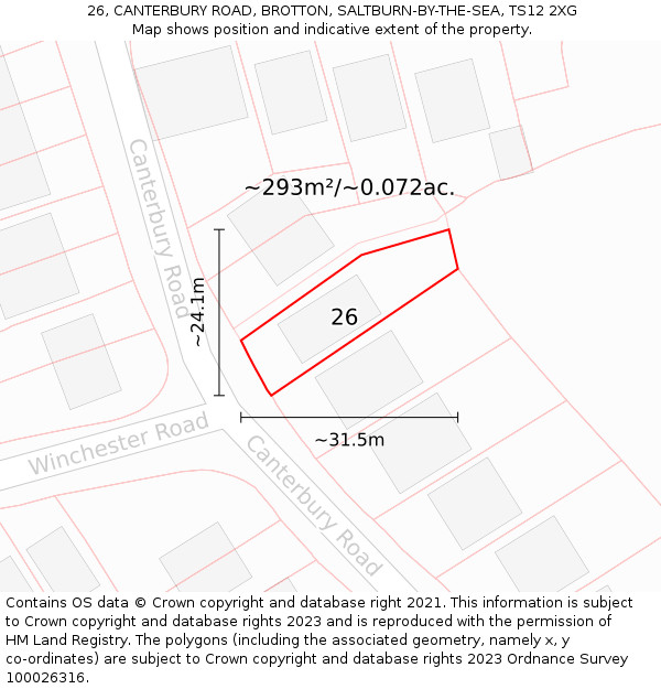 26, CANTERBURY ROAD, BROTTON, SALTBURN-BY-THE-SEA, TS12 2XG: Plot and title map