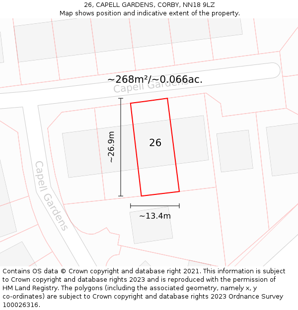 26, CAPELL GARDENS, CORBY, NN18 9LZ: Plot and title map