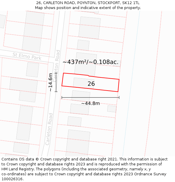 26, CARLETON ROAD, POYNTON, STOCKPORT, SK12 1TL: Plot and title map