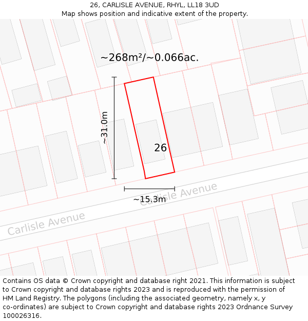 26, CARLISLE AVENUE, RHYL, LL18 3UD: Plot and title map