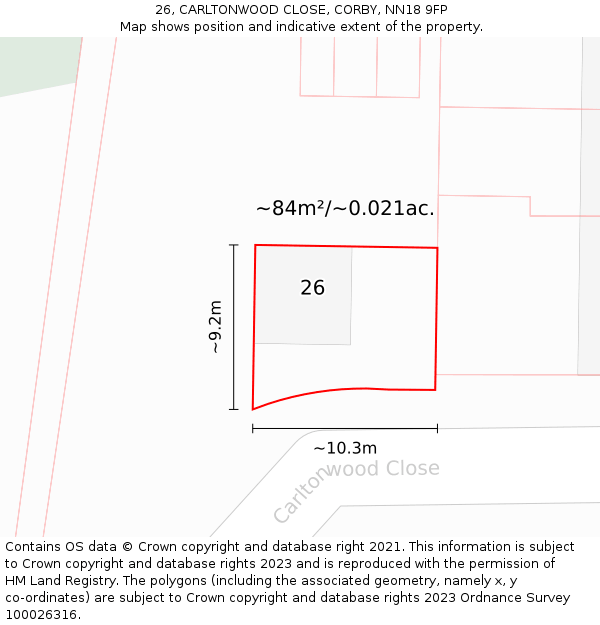 26, CARLTONWOOD CLOSE, CORBY, NN18 9FP: Plot and title map