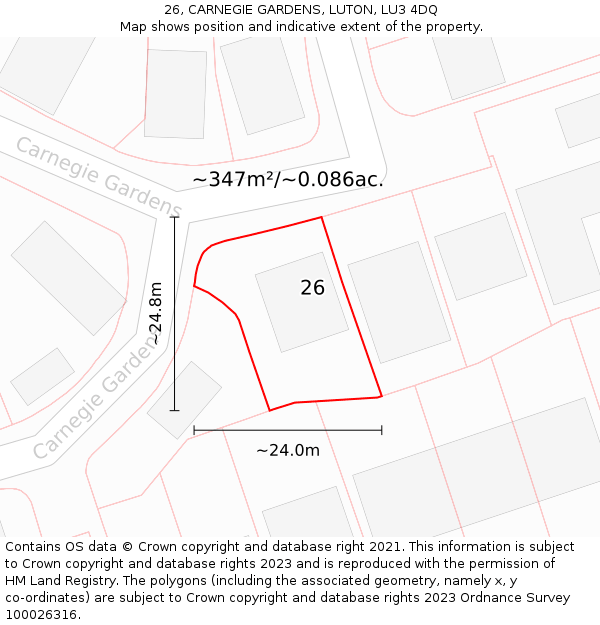 26, CARNEGIE GARDENS, LUTON, LU3 4DQ: Plot and title map