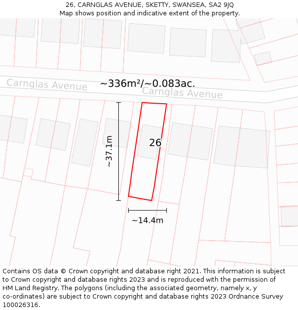 26, CARNGLAS AVENUE, SKETTY, SWANSEA, SA2 9JQ: Plot and title map