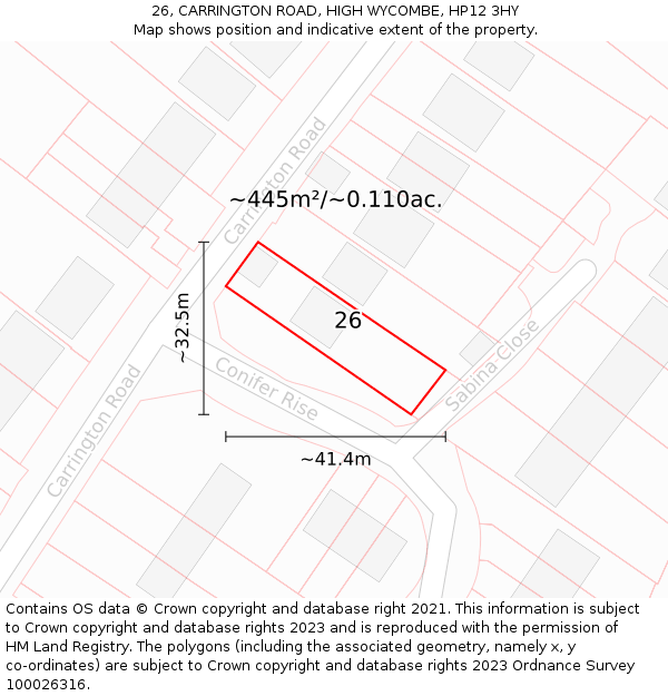 26, CARRINGTON ROAD, HIGH WYCOMBE, HP12 3HY: Plot and title map