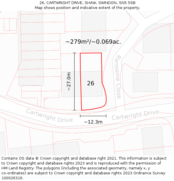 26, CARTWRIGHT DRIVE, SHAW, SWINDON, SN5 5SB: Plot and title map