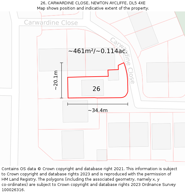 26, CARWARDINE CLOSE, NEWTON AYCLIFFE, DL5 4XE: Plot and title map