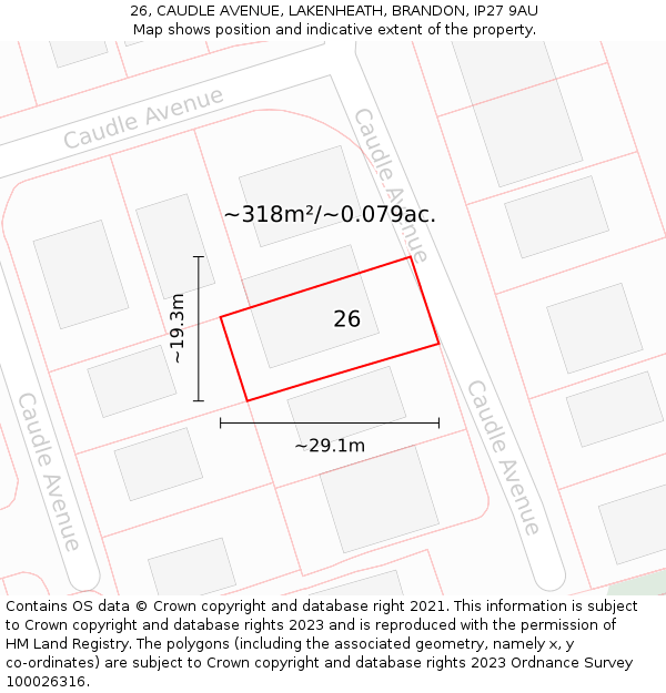 26, CAUDLE AVENUE, LAKENHEATH, BRANDON, IP27 9AU: Plot and title map