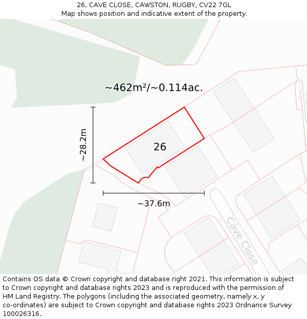 26, CAVE CLOSE, CAWSTON, RUGBY, CV22 7GL: Plot and title map