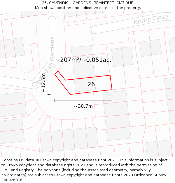 26, CAVENDISH GARDENS, BRAINTREE, CM7 9UB: Plot and title map