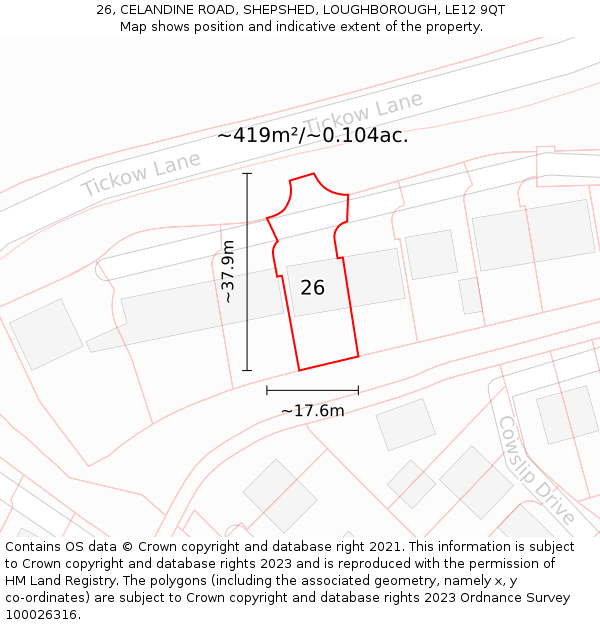 26, CELANDINE ROAD, SHEPSHED, LOUGHBOROUGH, LE12 9QT: Plot and title map