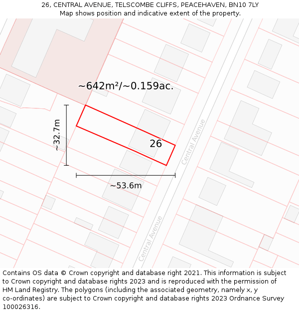 26, CENTRAL AVENUE, TELSCOMBE CLIFFS, PEACEHAVEN, BN10 7LY: Plot and title map