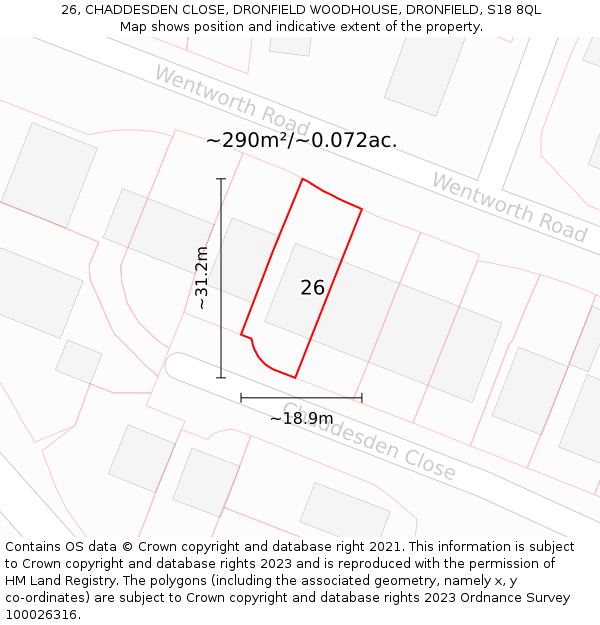 26, CHADDESDEN CLOSE, DRONFIELD WOODHOUSE, DRONFIELD, S18 8QL: Plot and title map