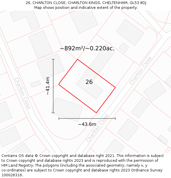 26, CHARLTON CLOSE, CHARLTON KINGS, CHELTENHAM, GL53 8DJ: Plot and title map