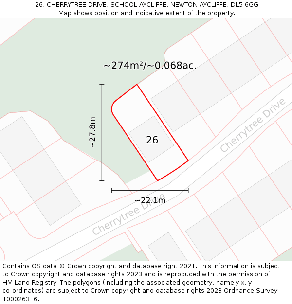 26, CHERRYTREE DRIVE, SCHOOL AYCLIFFE, NEWTON AYCLIFFE, DL5 6GG: Plot and title map